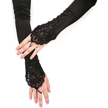 SAVITA Black Fingerless Long Gloves Pierced Elbow Length Satin Lace Gloves 19 Inches Stretchy Opera Evening Party 1920s Gloves for Women Cosplay Bridal Wedding