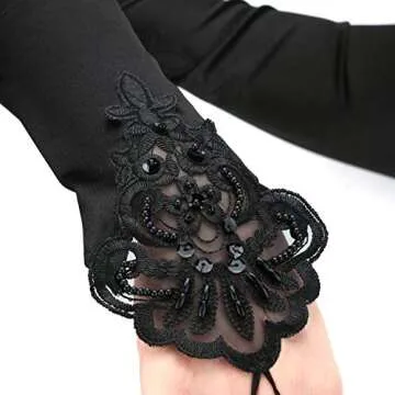 SAVITA Black Fingerless Long Gloves Pierced Elbow Length Satin Lace Gloves 19 Inches Stretchy Opera Evening Party 1920s Gloves for Women Cosplay Bridal Wedding