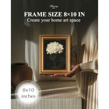 HUARCEY Gold Framed Vintage Wall Art for Living Room, Flowers Painting Canvas Prints Shelf Decor for Kitchen, Aesthetic Bedroom Wall Art, Christmas Gifts for Friends or Family (White Hydrangea 8"x10")