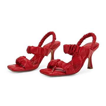 Ermonn Red Heels: Stylish Ruched Backless Stiletto Sandals