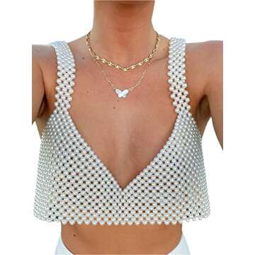 Pearl Top Sexy Pearl Camisole for WomenV Neck Backless Sleeveless Spaghetti Strap Crop Top Summer Be...