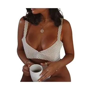 Pearl Top Sexy Pearl Camisole for WomenV Neck Backless Sleeveless Spaghetti Strap Crop Top Summer Beach Chic Vest (White Style B, Free Size)