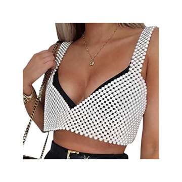 Pearl Top Sexy Pearl Camisole for WomenV Neck Backless Sleeveless Spaghetti Strap Crop Top Summer Beach Chic Vest (White Style B, Free Size)