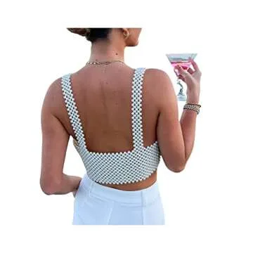 Pearl Top Sexy Pearl Camisole for WomenV Neck Backless Sleeveless Spaghetti Strap Crop Top Summer Beach Chic Vest (White Style B, Free Size)