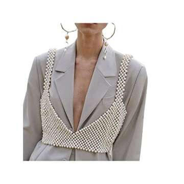 Pearl Top Sexy Pearl Camisole for WomenV Neck Backless Sleeveless Spaghetti Strap Crop Top Summer Beach Chic Vest (White Style B, Free Size)