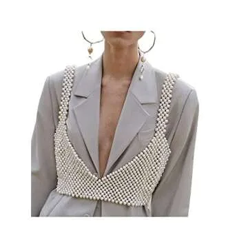 Pearl Top Sexy Pearl Camisole for WomenV Neck Backless Sleeveless Spaghetti Strap Crop Top Summer Beach Chic Vest (White Style B, Free Size)