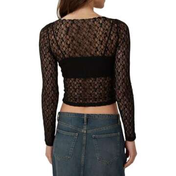Remidoo Women's Lace Sheer Mesh Tops Crewneck Lettuce Trim Long Sleeve Crop Top Black Medium