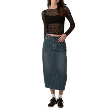 Remidoo Women's Lace Sheer Mesh Tops Crewneck Lettuce Trim Long Sleeve Crop Top Black Medium