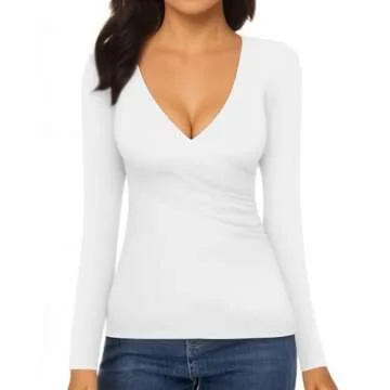 MANGOPOP Women's Cross Wrap Ruched Plunge Sexy Deep V Neck Slim Fit Long Sleeve T Shirt Tunic Tops Tee