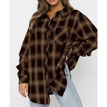 LEEDYA Women Buffalo Plaid Flannel Shirts Long Sleeve Button Front Blouses Irregular Hem Tops Khaki ...