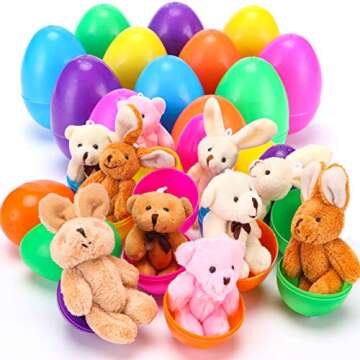 NEWBEA 12 Pack Prefilled Easter Eggs with Stuffed Animals,3.15" Plastic Easter Eggs Filled with Bunny Toys,Perfect for Party Basket Stuffers Fillers