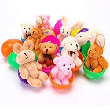 NEWBEA 12 Pack Prefilled Easter Eggs with Stuffed Animals,3.15" Plastic Easter Eggs Filled with Bunny Toys,Perfect for Party Basket Stuffers Fillers