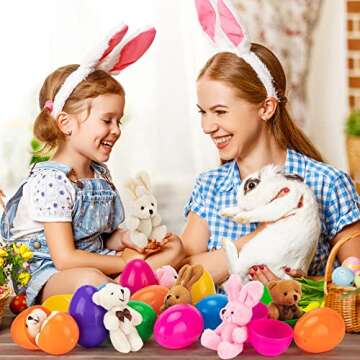 NEWBEA 12 Pack Prefilled Easter Eggs with Stuffed Animals,3.15" Plastic Easter Eggs Filled with Bunny Toys,Perfect for Party Basket Stuffers Fillers