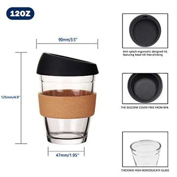 L'ifeager 12oz Reusable Coffee Cup Glass Travel Mug with Lid & Natural Cork Band (Black)