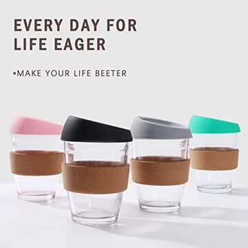L'ifeager 12oz Reusable Coffee Cup Glass Travel Mug with Lid & Natural Cork Band (Black)