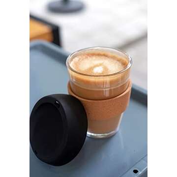 L'ifeager 12oz Reusable Coffee Cup Glass Travel Mug with Lid & Natural Cork Band (Black)