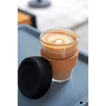 L'ifeager 12oz Reusable Coffee Cup Glass Travel Mug with Lid & Natural Cork Band (Black)