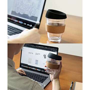 L'ifeager 12oz Reusable Coffee Cup Glass Travel Mug with Lid & Natural Cork Band (Black)