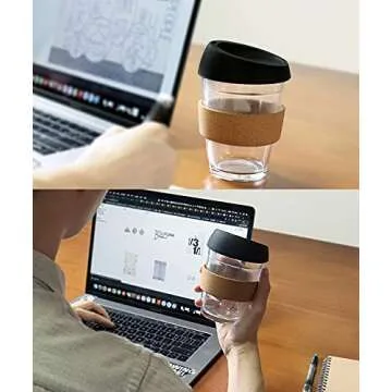 L'ifeager 12oz Reusable Coffee Cup Glass Travel Mug with Lid & Natural Cork Band (Black)