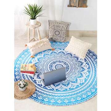 Popular Handicrafts Round Tapestry Wall Hanging Ombre Hippie Mandala Bohemian Hippy Intricate Indian Tapestries Tablecloth 70 Inches,(178cm) Blue