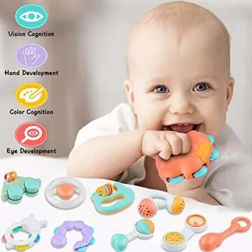 Baby Toys 10pcs Rattles Set,Infant Grasping Grab Toys, Spin Shaking Bell Musical Toy Set Early Educational Toys with Storage Box for Toddler Newborn Baby 0,3, 6, 9, 12 Month Baby Gifts