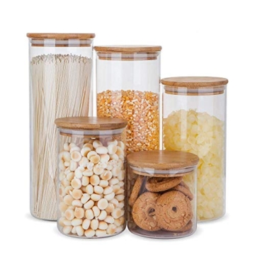 Flrolove 5 Glass Food Storage Containers with Bamboo Lids for Kitchen Organization
