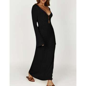 Leoparts Crochet Swimsuit Cover Up for Women Sexy V Neck Hollow Out Backless Maxi Dress Beach Bikini Coverup Dresses