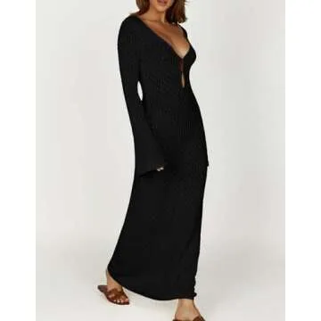 Leoparts Crochet Swimsuit Cover Up for Women Sexy V Neck Hollow Out Backless Maxi Dress Beach Bikini Coverup Dresses