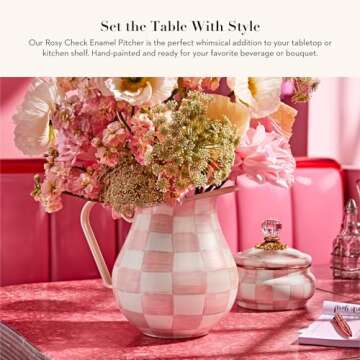 MACKENZIE-CHILDS Enamel Pitcher with Spout for Water, Cut Flowers, and Home Decor, 3 Quarts, Pink-and-White Rosy Check