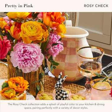 MACKENZIE-CHILDS Enamel Pitcher with Spout for Water, Cut Flowers, and Home Decor, 3 Quarts, Pink-and-White Rosy Check