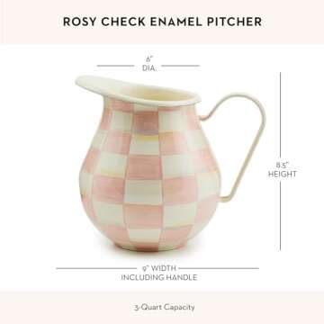 MACKENZIE-CHILDS Enamel Pitcher with Spout for Water, Cut Flowers, and Home Decor, 3 Quarts, Pink-and-White Rosy Check