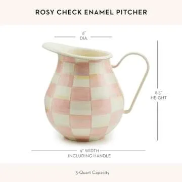 MACKENZIE-CHILDS Enamel Pitcher with Spout for Water, Cut Flowers, and Home Decor, 3 Quarts, Pink-and-White Rosy Check