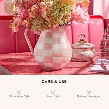 MACKENZIE-CHILDS Enamel Pitcher with Spout for Water, Cut Flowers, and Home Decor, 3 Quarts, Pink-and-White Rosy Check