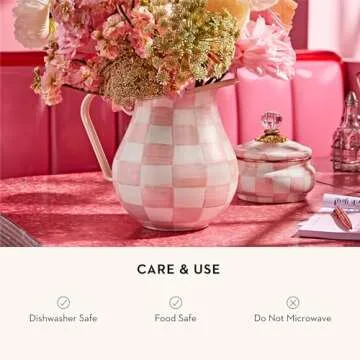 MACKENZIE-CHILDS Enamel Pitcher with Spout for Water, Cut Flowers, and Home Decor, 3 Quarts, Pink-and-White Rosy Check