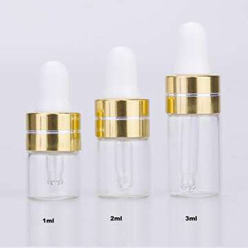 Dropper Bottles - 100Pcs 3ml Clear Mini Essential Oil Bottles with Eye Dropper Dispenser for Perfumes Cosmetic Liquid Aromatherapy Chemistry Lab Sample Storage Jars Vial Containers (Gold Screw Cap)
