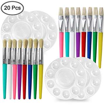 16 pcs Children Tempera Paint Brush Set with 4 Paint Tray Palettes, FineGood Round & Flat Pointed Hog Bristle Paintbrush for Kids Students Beginners Artist