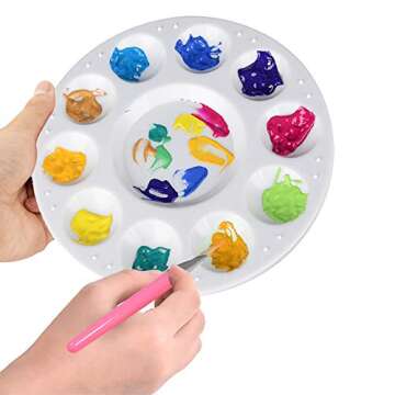 16 pcs Children Tempera Paint Brush Set with 4 Paint Tray Palettes, FineGood Round & Flat Pointed Hog Bristle Paintbrush for Kids Students Beginners Artist