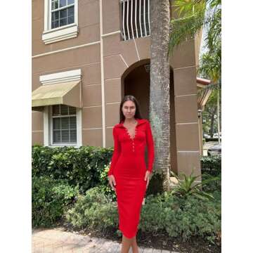 OQQ Women's Long Sleeve Maxi Dress Ribbed Back Slit Button Down Bodycon Soft Going Out Elegant Party Dresses Red