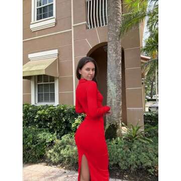 OQQ Women's Long Sleeve Maxi Dress Ribbed Back Slit Button Down Bodycon Soft Going Out Elegant Party Dresses Red