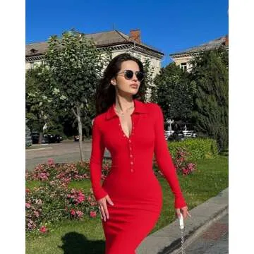 OQQ Women's Long Sleeve Maxi Dress Ribbed Back Slit Button Down Bodycon Soft Going Out Elegant Party Dresses Red