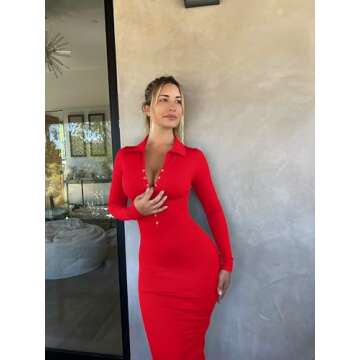 OQQ Women's Long Sleeve Maxi Dress Ribbed Back Slit Button Down Bodycon Soft Going Out Elegant Party Dresses Red