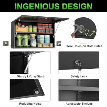 Metal Garage Wall Cabinet with Up-Flip Door, Wall Mounted with Lock, 20'' Floating Hanging Tool Cabinet, Floating Wall Cabinet with Doors and Shelves