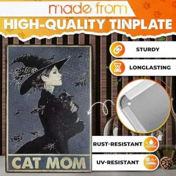 MALLONY Black Cat Mom Vintage Witch Wall Art Decor Tin Signs Metal - 8x12 Witch Decorations for Home Black Cat Decor Decorations for Room – Cat Decor Kitchen Decorations Goth Gifts