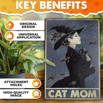 MALLONY Black Cat Mom Vintage Witch Wall Art Decor Tin Signs Metal - 8x12 Witch Decorations for Home Black Cat Decor Decorations for Room – Cat Decor Kitchen Decorations Goth Gifts