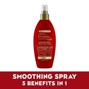 OGX Frizz-Free + Keratin Smoothing Oil Miracle Gloss Spray, 5 in 1, De-frizz & Shiny Hair, Argan Oil