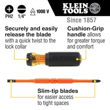 Klein Tools 32293 Insulated Screwdriver, 2-in-1 Screwdriver Set with Flip Blade, #2 Phillips and1/4-...