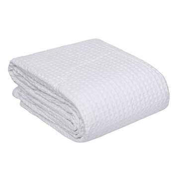 HILLFAIR 100% Combed Cotton Blanket– Queen Size Bed Blanket– Warm Soft All Season Breathable Lightweight Summer Blankets– Waffle Weave Home Decor Bed Blanket- White Queen Bed Cotton Blankets/Bedcover