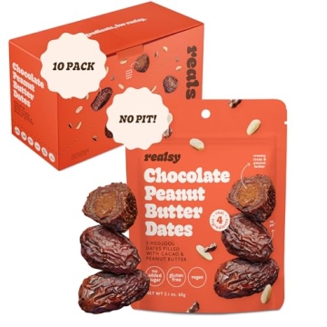 Realsy Peanut Butter Chocolate Filled Medjool Dates - Organic, Gluten-Free, Vegan, Healthy Snack (10...