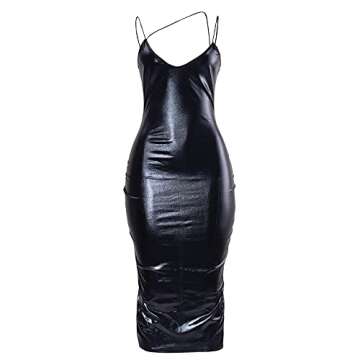 VWIWV Women's Sexy Faux Leather Midi Dress Sleeveless V Neck Hem Split Bodycon Pu Dress Party Outfit Black