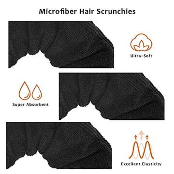 Generic 3 Pieces Microfiber Hair Drying Towels Scrunchies Large Soft Super Absorbent Thick Fuzzy Scrunchy Anti Frizz Elastic Hair Ties Bobbles Ropes Ponytail Holder for Wet Dry Hair Black
